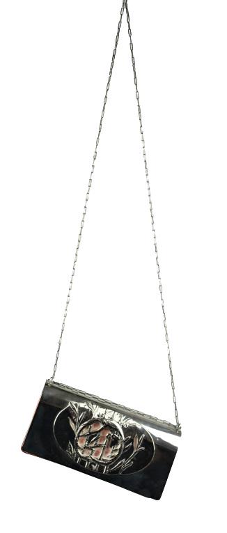 Fendi Clutch Bag Silver Plate: Silver plated clutch bag with motif of flying bird and wooded setting. Leather insides with four pouches for storing essentials. Metal chain strap for wearing on shoulder.Length with strap: 20 in.Clut