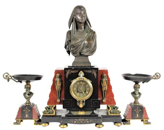 Late 19th C. Egyptian Revival Marble Clock Set: Egyptian revival 3 piece marble clock set, dated late 19th century. Key and pendulum are included. Pendulum is orignial with matching serial numbers. Measurements: Clock - 16 x 6 x 24 in. Side Mantels