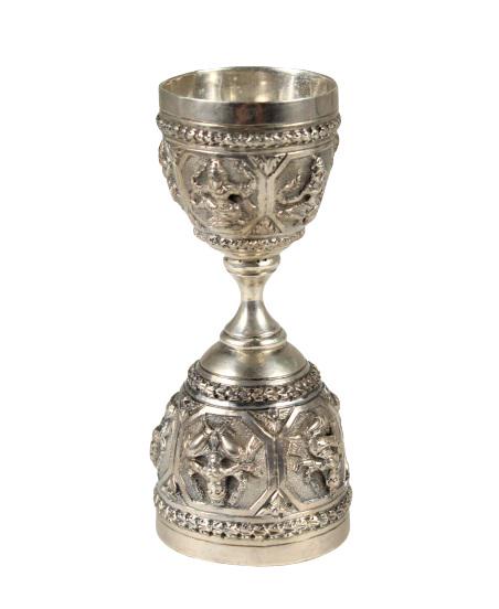 Eastern Heavy Sterling Double Jigger: With Buddhist Figures, Circa 19th Century. Approx 4 1/2 in. Please note that all sales are final. No refunds will be given under any circumstances.