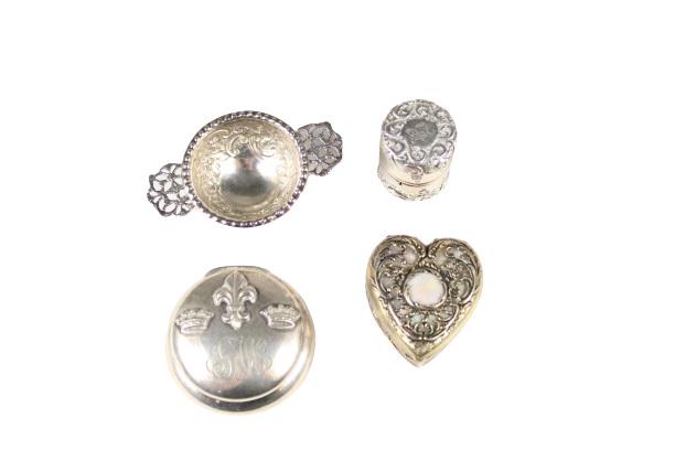 (4) Small Silver Boxes: Miscellaneous Lot of Four Small Silver Boxes: 1) Sterling tobacco box, 2) German 800/1000 heart form ladies box with mother of pearl enclosure, 3) American sterling thimble box, 4) English 19th centur