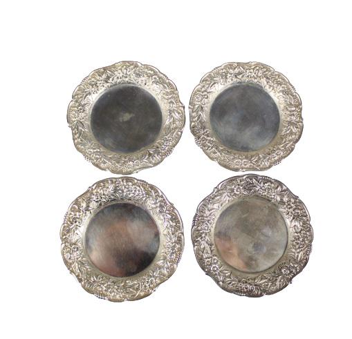 (4) Set of Samuel Kirk Sterling Butter Pats: American sterling, round with embossed border, circa 1920. Approx 3 in diameter.Please note that all sales are final. No refunds will be given under any circumstances.