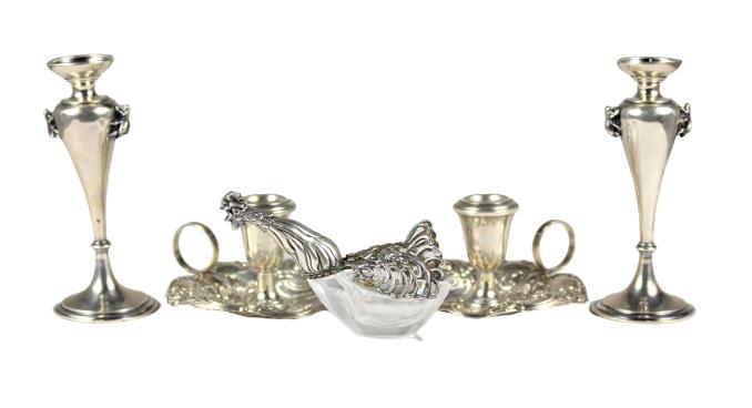 (5) Collection Miscellaneous Sterling Pieces: Collection includes a pair of Braverman & Levy English sterling small vases with flying insect handles, circa 1900; pair of small Gorham sterling candle stick trays, circa 1900; one sterling & crystal