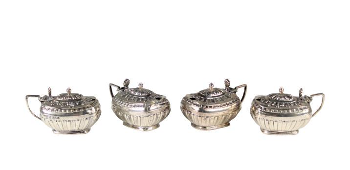 Set of (4) English Sterling Mustard Pots: Set of George V Walker & Hall small sterling mustard pots, London, circa 1919.Please note that all sales are final. No refunds will be given under any circumstances.
