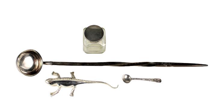nCollection of (4) Sterling Items: American sterling Mappin Brothers brandy ladle with twisted horn handle; Galapagos sterling figurine; French Provincial small glass inkwell with 800/1000 silver cover; sterling repousse Yuchang open s