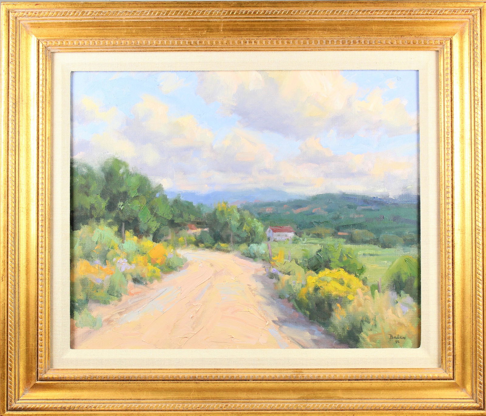 David Ballew (b. 1955) American, O/C: Gorgeous landscape of a country road within a majestic landscape, some impasto. Signed and dated lower right: Ballew '91. Painter David Ballew was born in Hartford, Connecticut in 1955. He was raised