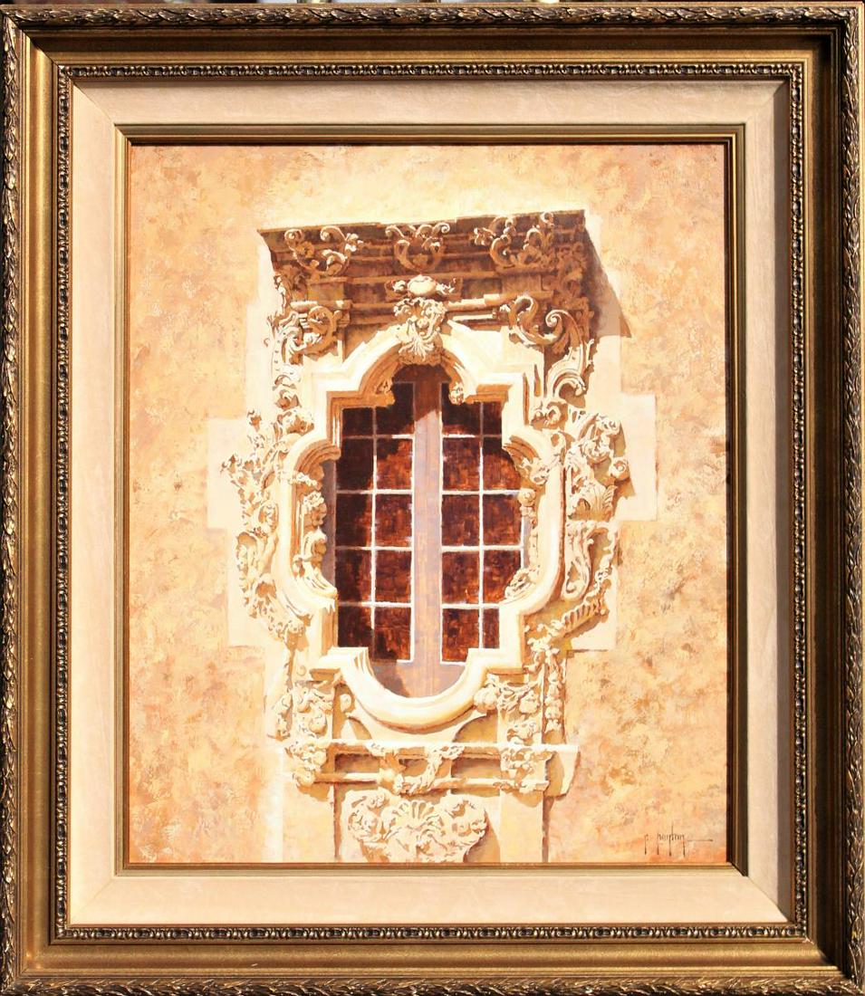 Randy Peyton (b.1958) Texas, Oil / Canvas: Nice oil on canvas by Randy Peyton, signed R Peyton in the lower right, and also signed verso and dated 1996. Exterior window with elaborate carvings. Native-born Texan Randy Peyton started painting t