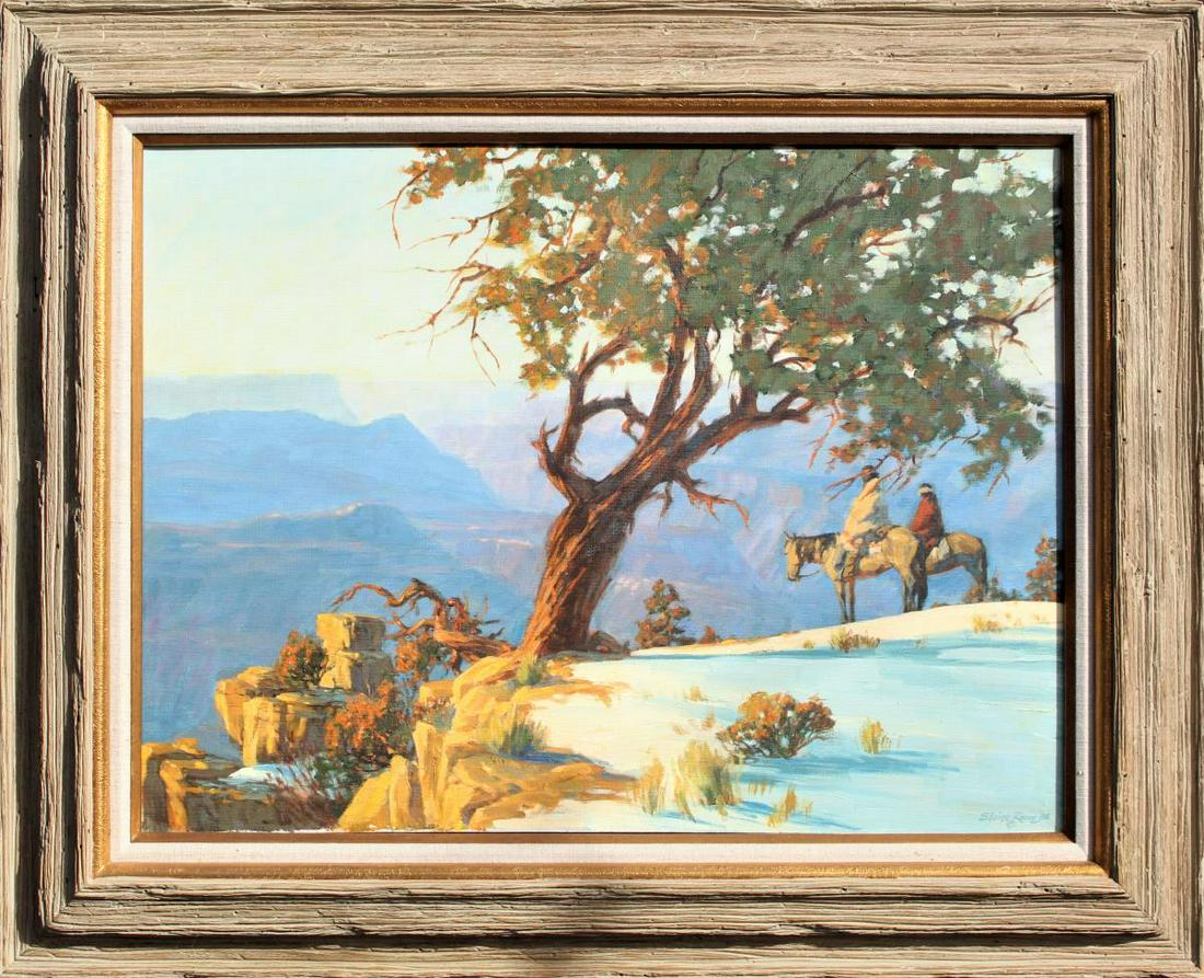 Signed Blaine Rowe, Southwest Landscape O/C: Southwestern landscape scene with two figures riding horses overlooking the beautiful scenery. It is signed Blaine Rowe and dated 86' in lower right. Sight size: 24 x 31 in. Overall Size: 34 x 42 in. 