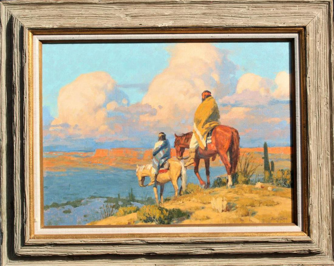 Signed Blaine Rowe, Western Figural Landscape, O/C: Southwestern landscape painting by Blaine Rowe. It is signed in the lower right. Two figures are riding horses and looking out into the scenery, very similar to other works by Blaine Rowe. Sight: 22 x