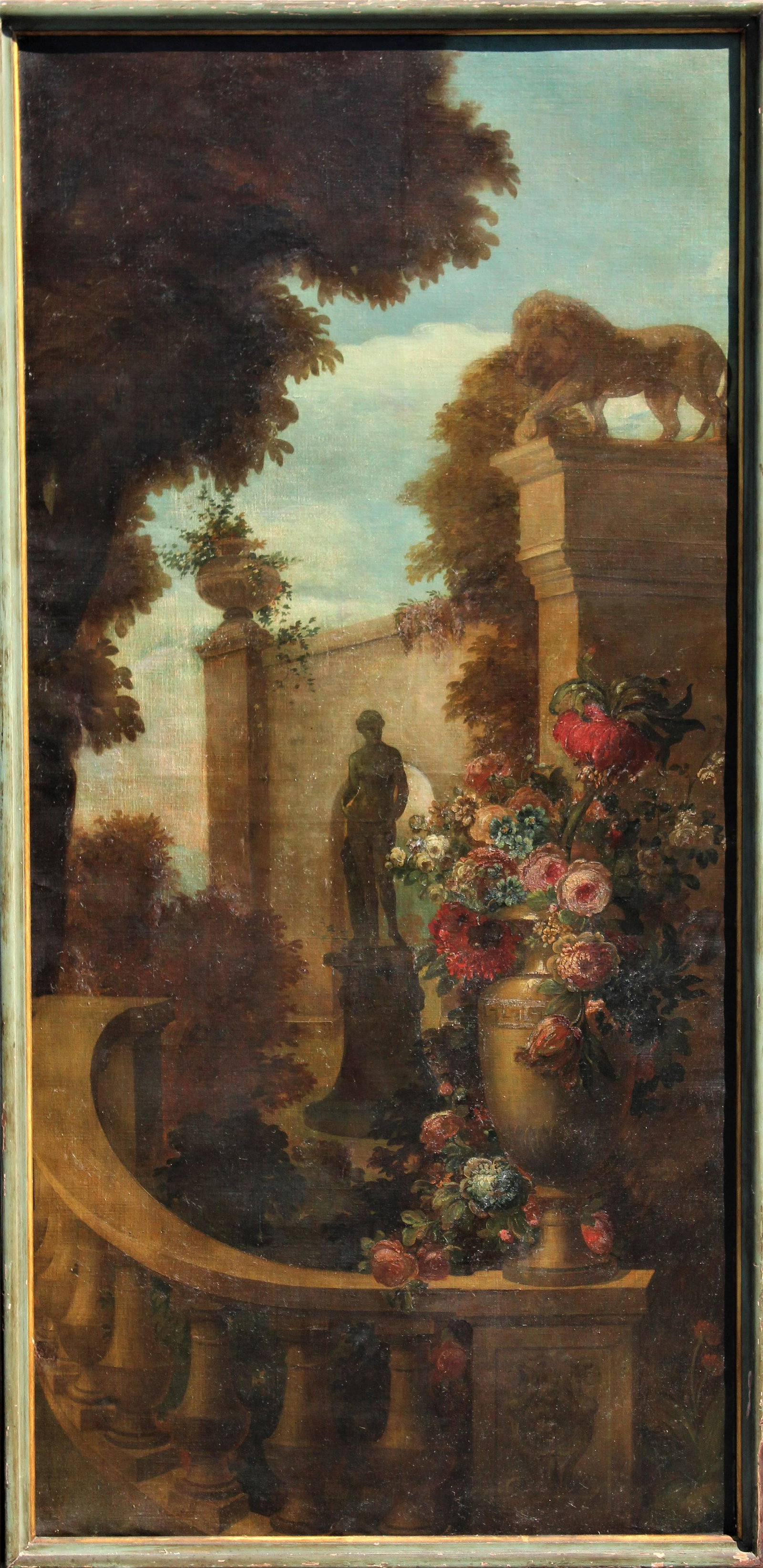 Monumental Italian Classical Landscape, O/C: Classical Italian landscape panel on canvas, with architectural highlights. May have been inset into a wall at one time. Depicts a villa and garden with statuary of female figure and lion. Illuminated