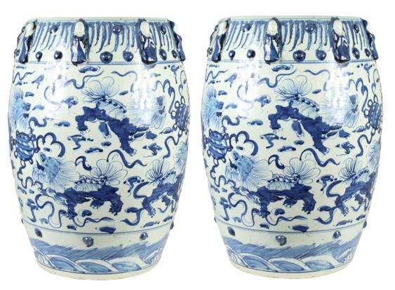 Pair of Chinese Blue & White Garden Seats: These are a pair of Chinese blue and white porcelain garden stools of typical form. 19 1/2 x 13 1/2 in. Please note that all sales are final. No refunds will be given under any circumstances.