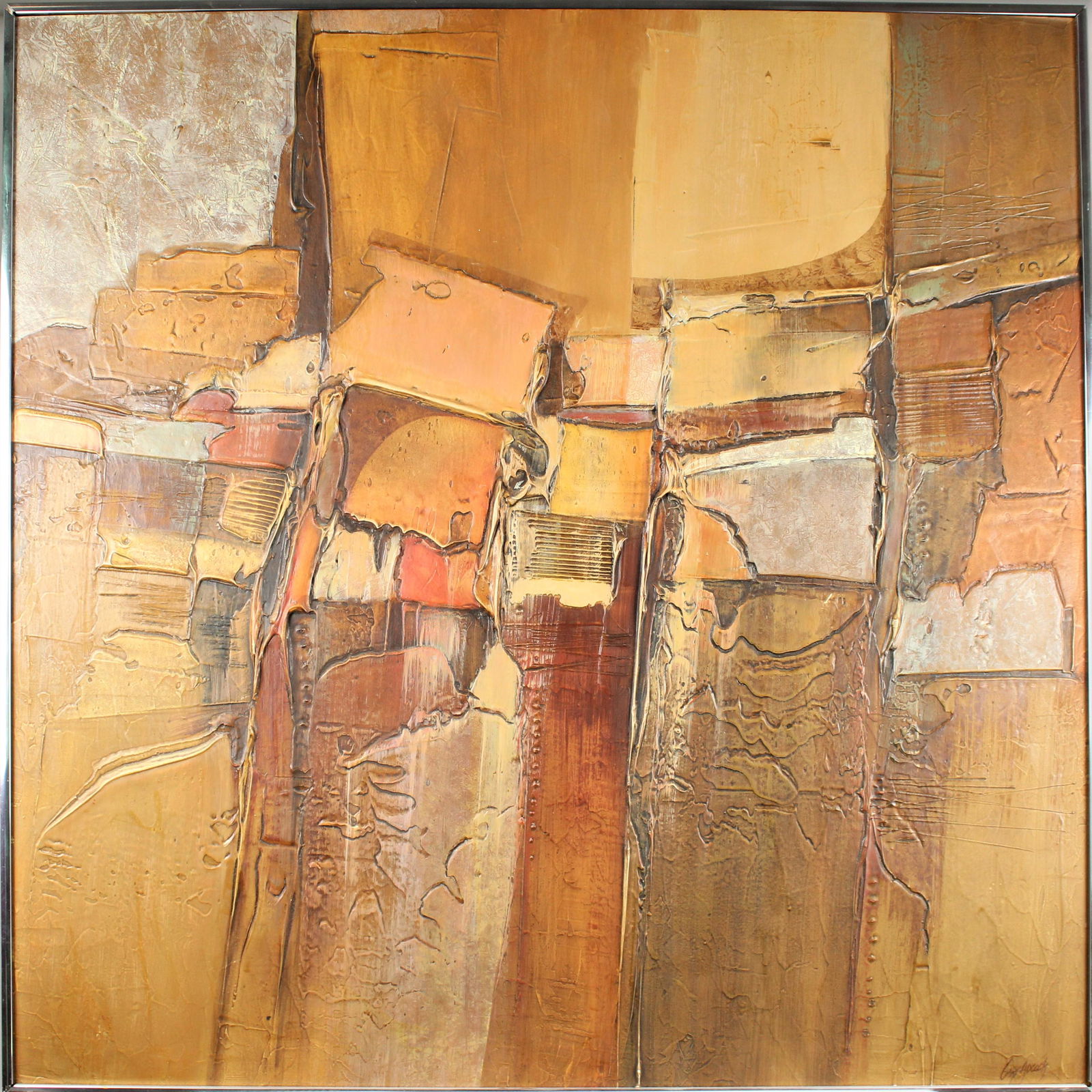 Gary Adcock (20th C) American, Acrylic on Masonite: Large abstract painting by Gary Adcock, signed in the lower right. Acrylic on masonite with colors of brown, tan, orange and red. It is titled "Palisade #6" Overall size: 32 1/2 x 32 1/2 in. Sight siz