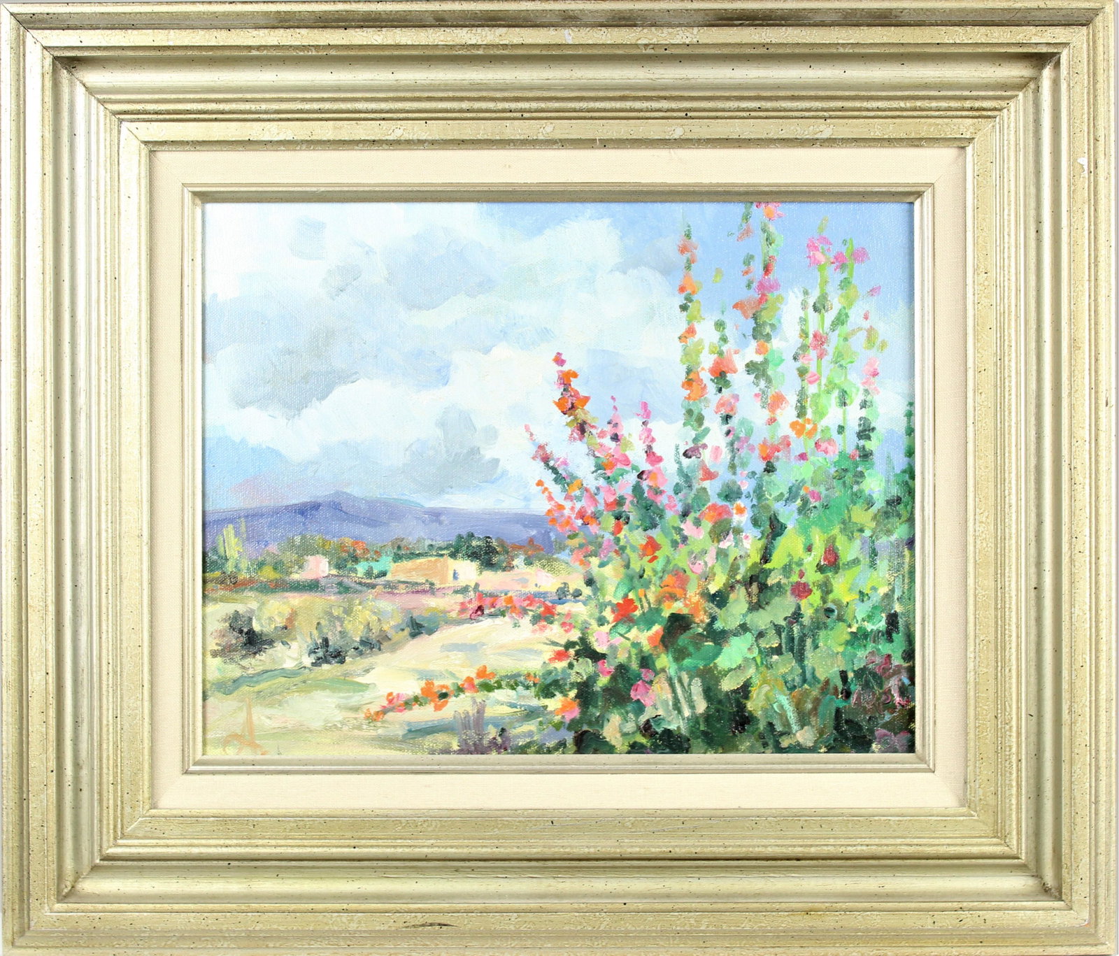 Dale Amburn (20th C) American, Oil on Canvas: Titled "Hollyhocks Behind Ernie's", oil on canvas, signed on back. Santa Fe has been the home of Dale Amburn since the '70s; his subjects are typically flower gardens, still life, landscapes, as well 