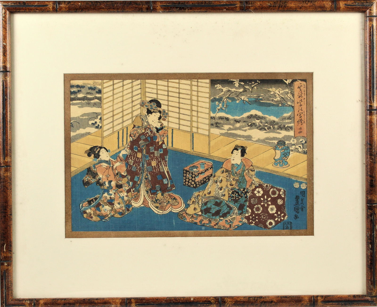 Japanese Interior Scene Woodblock: Japanese woodblock, with women wearing elaborate robes in an interior scene with a winter landscape in the background. Japanese markings in the upper and lower right. Sight: 8 1/4 x 13 in. Overall: 17