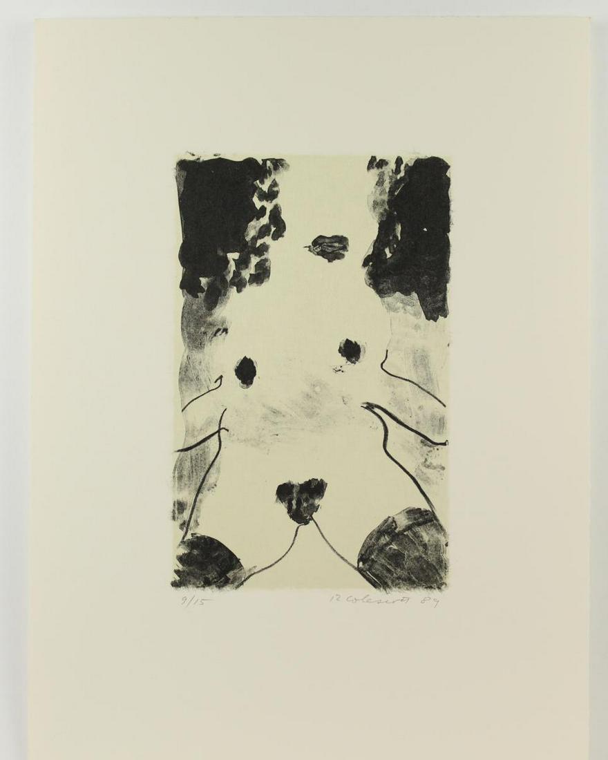 Robert Colescott (1925-2009) Amer, Erotic Litho: Unframed erotic lithograph of a female nude with stockings, numbered 9/15, signed and dated in pencil lower right: R. Colescott '89. Robert Colescott was known for his satirical, politicized paintings