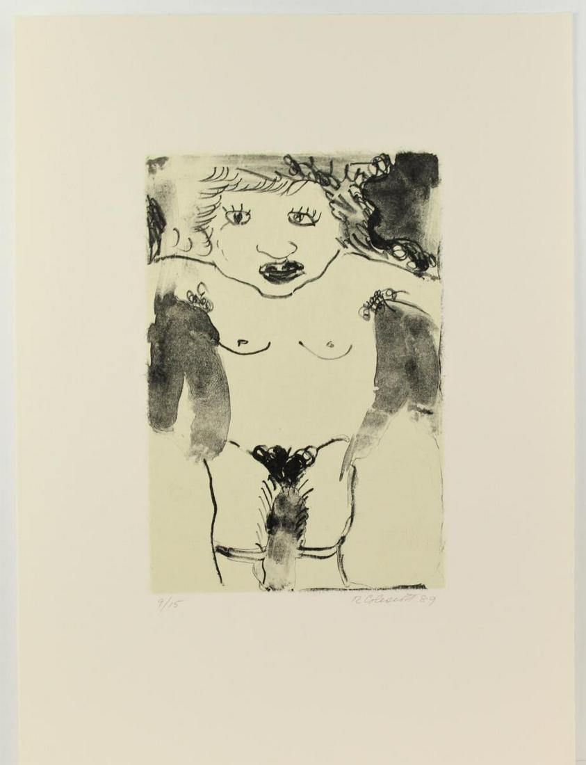 Robert Colescott (1925-2009) Amer, Erotic Litho: Unframed erotic lithograph of a female nude, numbered 9/15, signed and dated in pencil lower right: R. Colescott '89. Robert Colescott was known for his satirical, politicized paintings and his expres