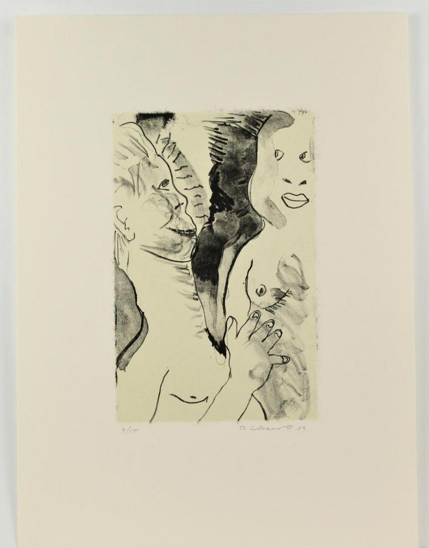 Robert Colescott (1925-2009) Amer, Erotic Litho: Unframed erotic lithograph of interracial nudes, numbered 9/15, signed and dated in pencil lower right: R. Colescott '89. Robert Colescott was known for his satirical, politicized paintings and his ex