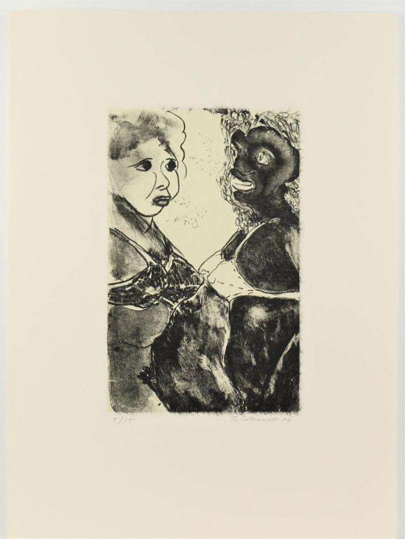 Robert Colescott (1925-2009) Amer, Erotic Litho: Unframed erotic lithograph of partially nude women, numbered 9/15, signed and dated in pencil lower right: R. Colescott '89. Robert Colescott was known for his satirical, politicized paintings and his