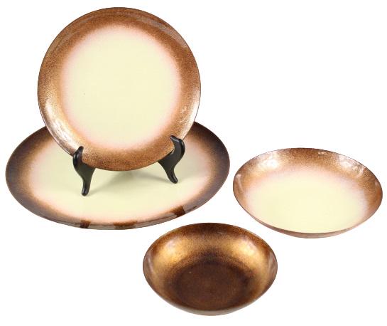 MCM American Enamel Copper Tableware by Jade Snow Wong: 4 pc Enameled Copper Tableware. Includes: 11 in. plate, 7 3/4 in. plate, 7 in. bowl and 5 1/2 in. bowl. All signed. Wong's ceramics have also been placed in the permanent collections of New York’s M
