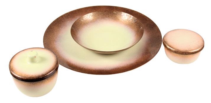 MCM American Enamel Copper Tableware by Jade Snow Wong: Enameled Copper Tableware Includes: 11 in. plate, 7 in. bowl, 2 covered bowls, all signed. Wong's ceramics have been placed in the permanent collections of New York’s Metropolitan Museum of Art, the