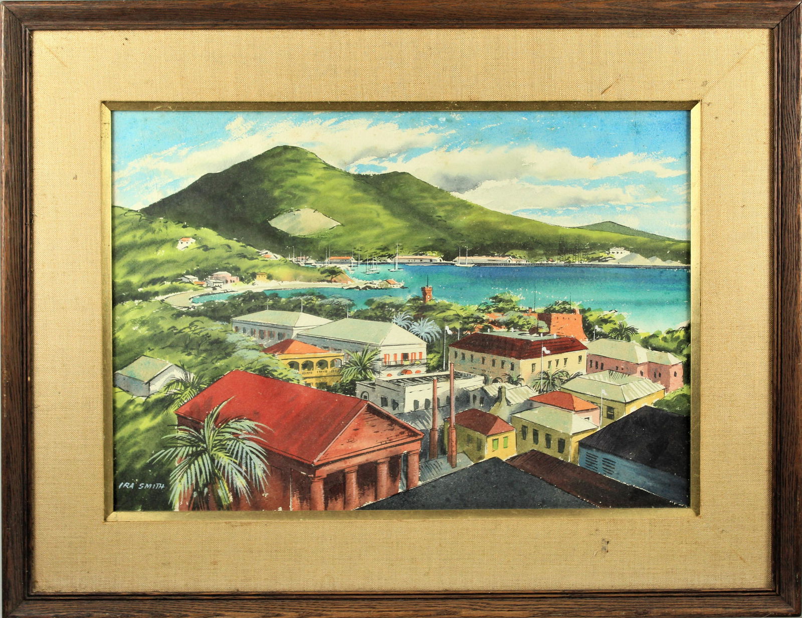 Ira Smith (20th C) New York, Watercolor on Paper: Watercolor on paper by Ira Smith. Titled: View of Virgin Islands. Signed in the lower left. Beautiful and bright watercolor of a town right next to the water, with ships off in the distance, and a lar