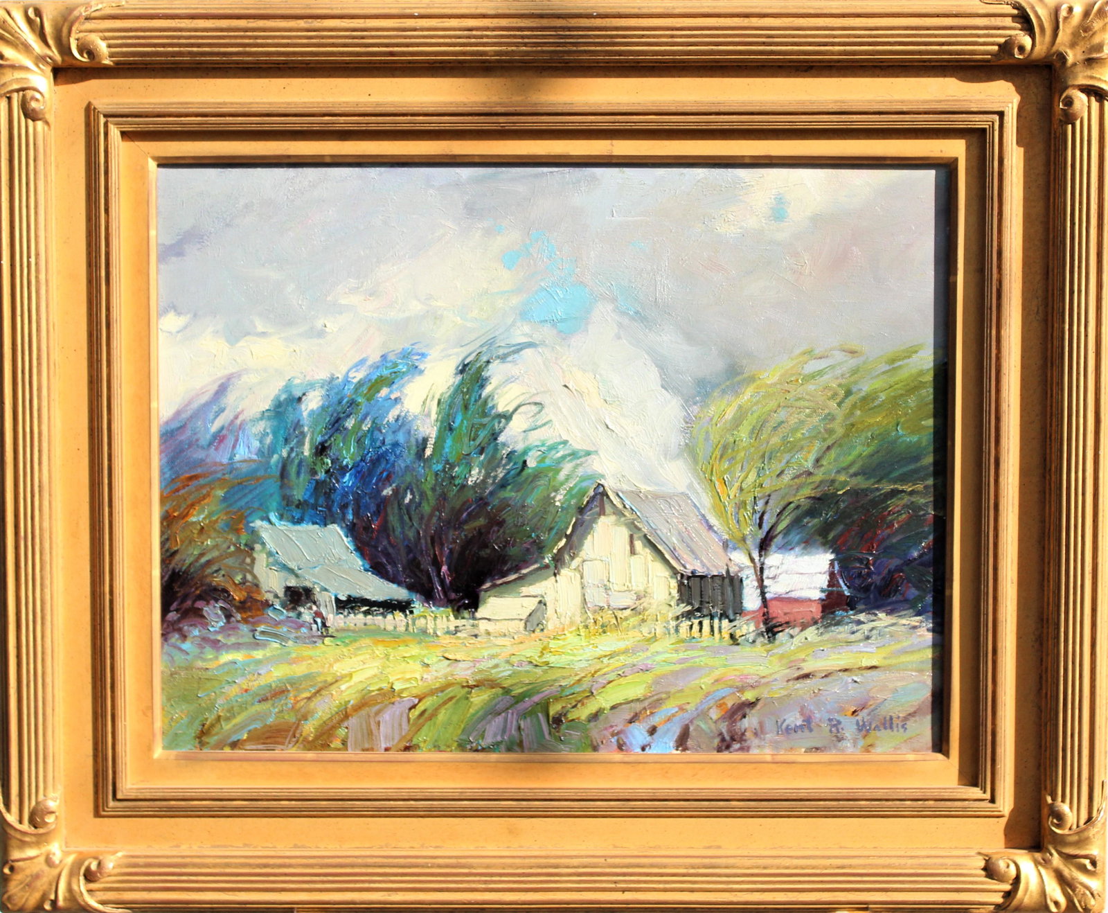 Kent Wallis (Born 1945) American, Oil on Canvas: Landscape painting by Kent Wallis, it is signed in the lower right and titled "Storm" and dated 1988 verso. Bright abstract landscape scene with a house and barn. Born in 1945 in Ogden, Utah, Kent Wal