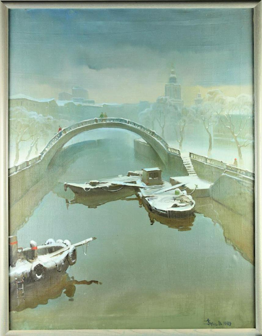 Winter Canal Scene (20th Century) Oil on Canvas: This oil on canvas depicts an urban winter scene with small barges in a canal and passersby on a footbridge. Subtle and somber blue tones make this a pleasing painting.Signed and dated lower right: Ky