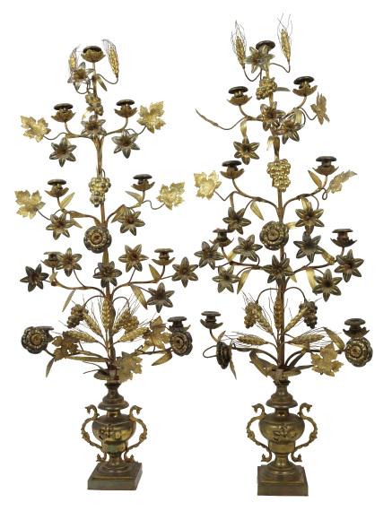 Monumental Pair of Gilt French Candelabras: Possibly ecclesiastical gilt candelabra. European original. Condition good. Size: 45 x 17 in.Please note that all sales are final. No refunds will be given under any circumstances.