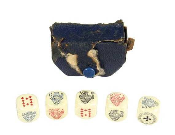 Vintage Poker Dice Set w Case: Sweet little dice game in original blue snap closure pouch, custom shape to hold the 5 dice, from the shipping company 'Compagnie Générale Transatlantique', known overseas as the French Line, headqu