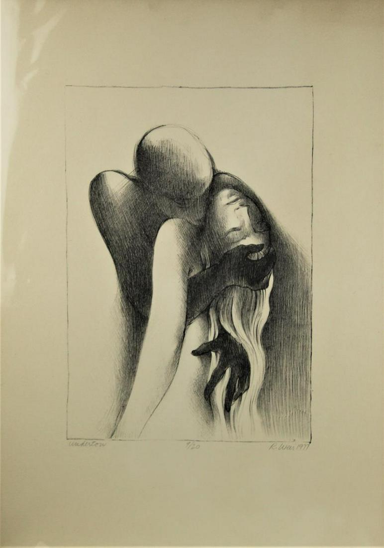 Roberta Weir (American), Lithograph: "Undertow 1977"#9 in an edition of 20. Pencil signed.Roberta Weir is also known for her influence on the art of Jerry Garcia of the Grateful Dead.Roberta Weir assisted Jerry in every aspect of his vis