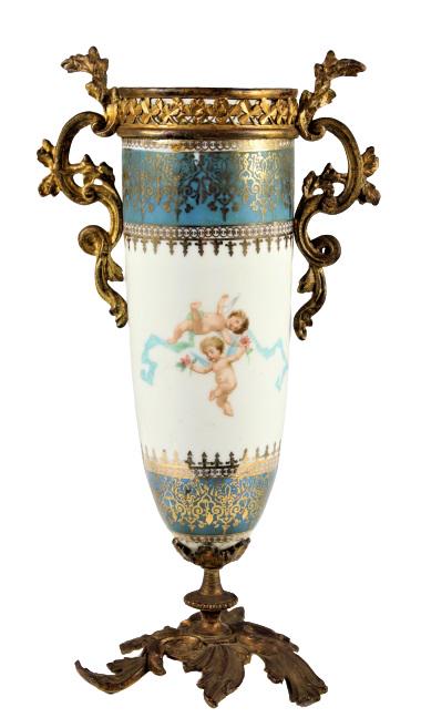Gilt Bronze Ormolu Mounted Porcelain Covered Urn: c. 1890. Signed Carl Larsen.Decorated with classical motifs on foliate base.Size: 11 1/2 x 6 in. Please note that all sales are final. No refunds will be given under any circumstances.