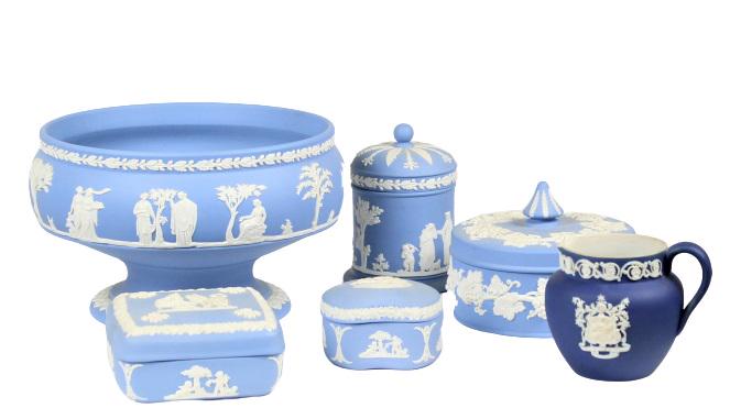 Collection of (6) Wedgwood Jasperware Pieces: (6) pieces of Wedgwood in total. These pieces are marked on the bottom. Comes with three original Wedgwood booklets. Measurements: Bowl - 5 x 8 1/2 in. Smaller Pieces are all under 4 3/4 H. x 4 3/4 W.