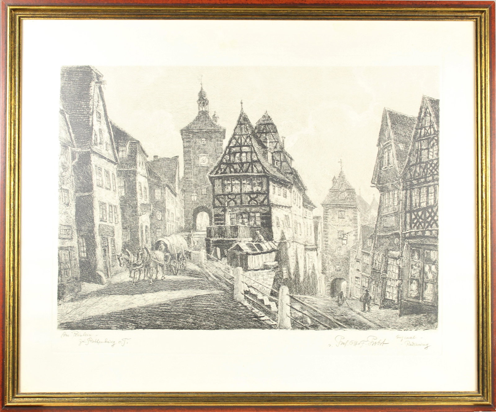 Otto F. Probst (1865-1923) Germany, Etching: Framed etching by Otto Ferdinand Probst, signed in pencil in the lower right. Street scene in Rothenburg with a horse and buggy and view of the town. Probst was a German graphic artist and architect. 