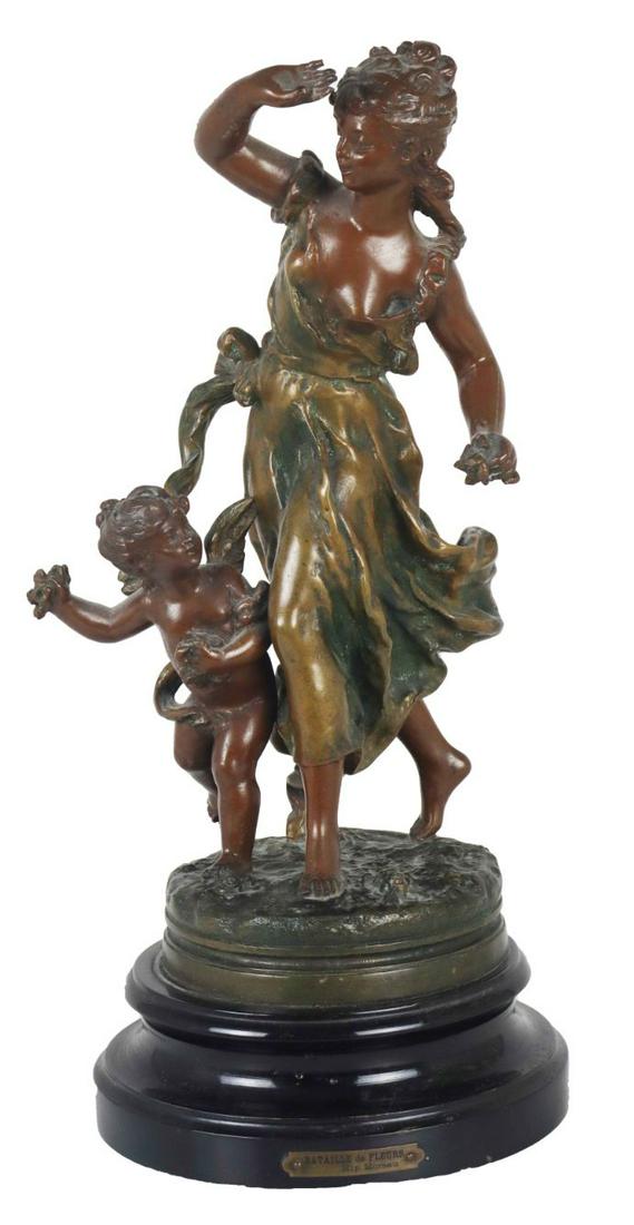 French Figural Sculpture by H. Moreau: Metal statue of Bataille de Fleure (Battle of Flowers), original by Hippolyte Moreau (1832-1927) of France. Mounted on ebonized wooden base and marked with plaque on front.Overall size: 15 1/2 in. hig