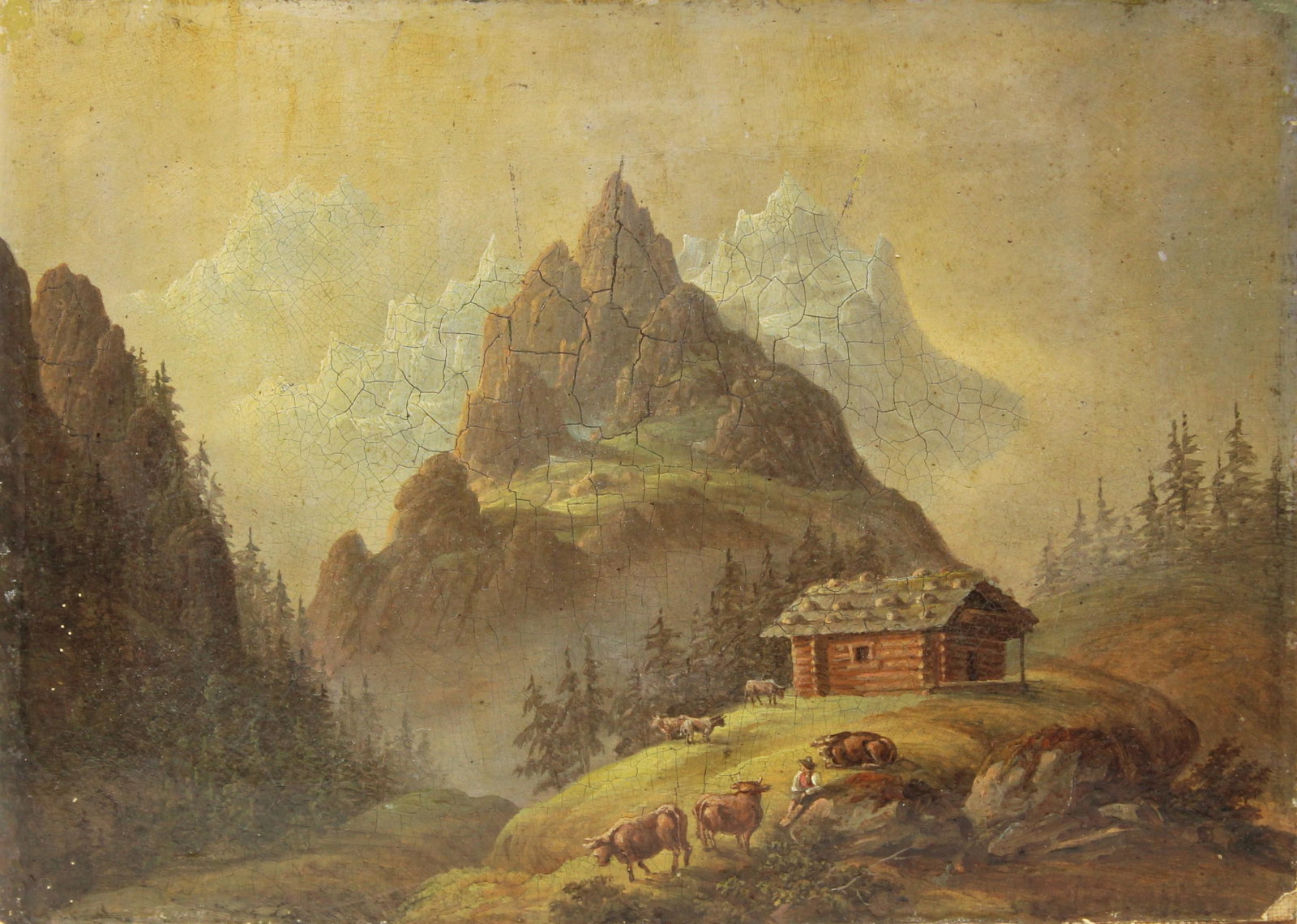 Small Continental Early 19th Century Oil on Canvas: Scene of farm animals, log cabin, and mountain peaks. Circa 1825.Size 5 1/2 x 7 1/2 in. Please note that all sales are final. No refunds will be given under any circumstances.