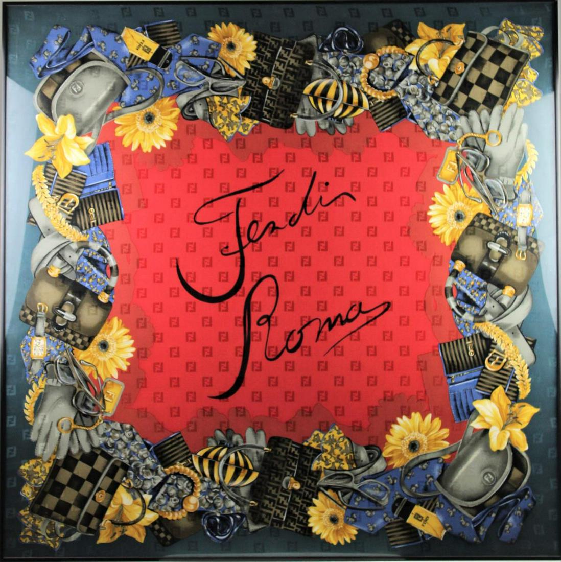 Fendi Roma Framed Silk Scarf: Gorgeous Fendi Roma scarf, floral theme, magnificent colors. Framed under plexiglass.Overall size: 34 1/4 x 34 1/4 in.Sight size: 34 x 34 in.Provenance: Francesco Gittardi. General Coordinator of East