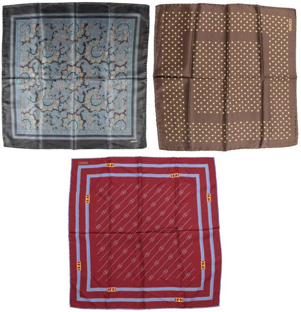 (3) Vintage Gucci Silk Pocket Squares: Three designer silk pocket squares by Gucci. 100% silk and the size is 16 x 16 in. It includes the GG design with colors of blue, gray, and red. Vintage, most likely from 1970/1980. The other It inclu