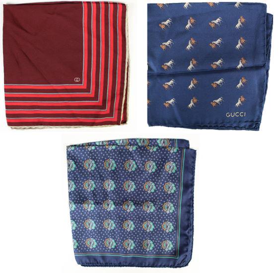 (3) Vintage Gucci Silk Pocket Squares: Three designer silk pocket squares by Gucci. 100% silk and the size is 16 x 16 in. It includes a stripe design with colors of brown, red, black and white. Vintage, most likely from 1970/1980.The other