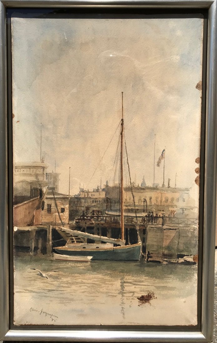 Chris Jorgensen (1860-1935) San Francisco, W/C: Historic 1885 Custom House Dock by San Francisco artist, Chris Jorgensen (1860-1935). He was a Norwegian-born American landscape painter. Jorgensen is best known for his paintings of Yosemite Valley a