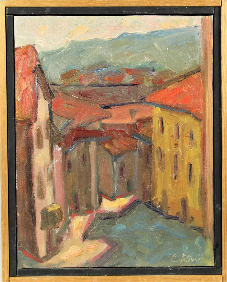 Connie Kirk (b. 1950, American) O/P: Colorful scene of buildings with red rooftops. Connie Kirk is a Marin County artist and a Signature Member of En Couleur, a group of California colorists. She is a graduate of the Rhode Island School 