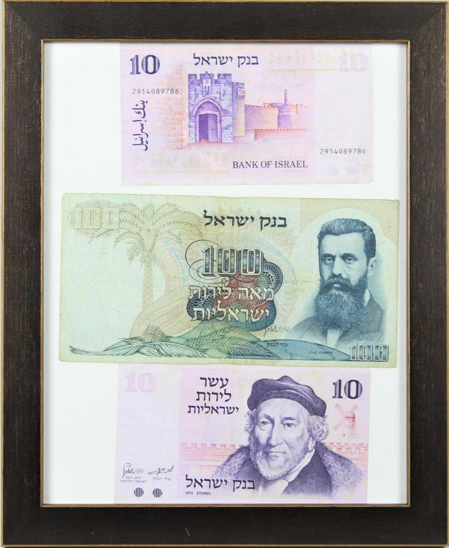 Framed Vintage Currency from Israel: 100 lira pound banknote and two10 lira pound banknotes, Bank of Israel.Overall: 11 1/2 x 9 1/2 in. Please note that all sales are final. No refunds will be given under any circumstances.