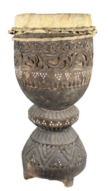 Large Tribal Drum, Carved Wood: Large carved wood and hide tribal drum with inlaid decoration. Size: 25 1/2 x 13 in diameter. Please note that all sales are final. No refunds will be given under any circumstances.