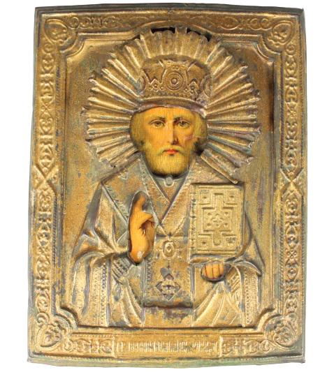 Old Russian Icon of Saint Nicholas: Saint NIcholas is depicted dressed in robes of a bishop and adorned with a crown, of wood and metal. Size: 8 3/4 x 6 3/4 in.Please note that all sales are final. No refunds will be given under any cir