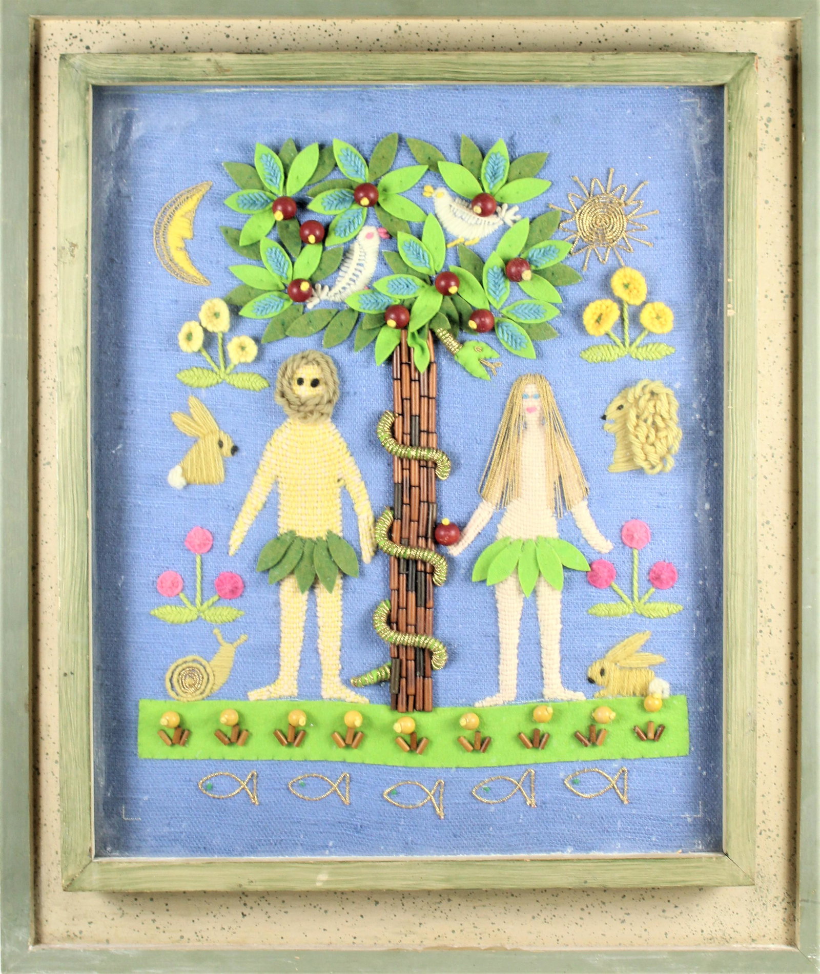 Adam And Eve American Folk Art: This piece is weaved and stitched together using string, fabric, and crafting supplies. It is encased in glass. Overall: 28 1/2 x 24 in. Sight: 19 1/2 x 17 1/2 in. Please note that all sales are final