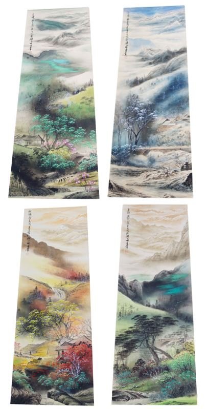 (4) Chinese Hanging Scrolls by Liu Shiquan: (4) Lovely Chinese vertical hanging scrolls by Liu Shiquan, of The Four Seasons: winter, spring, summer, fall landscapes. Watercolor and ink on rice paper mounted on silk finished paper. Roller ends m