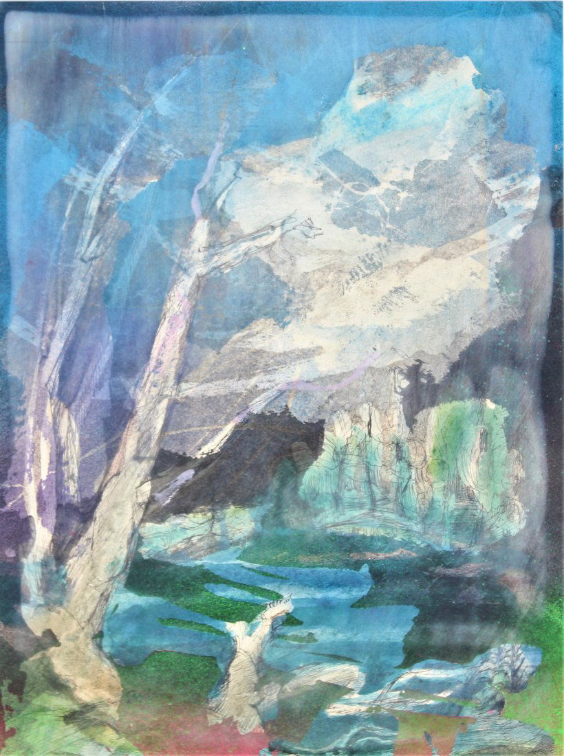 Syd Solomon (1917-2004) American, Watercolor & Inks: Titled 'Near Goddard', sketched in Vermont, watercolor and inks on Morilla board, signed 'Syd' in lower left. A very beautiful landscape of primarily blues and greens. Solomon's style was heavily infl