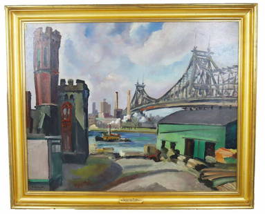 Robert Hallowell (1886-1939) American, Oil/Board: "Queensboro Bridge" (Lee's Lumberyard, N.Y. , 1929) Oil on board. Provenance: acquired at Marbella Gallery in NYC. Robert Hallowell was active in New York and Colorado, and is known for paintings of c