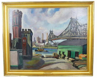 Robert Hallowell (1886-1939) American, Oil/Board: "Queensboro Bridge" (Lee's Lumberyard, N.Y. , 1929) Oil on board. Provenance: acquired at Marbella Gallery in NYC. Robert Hallowell was active in New York and Colorado, and is known for paintings of c