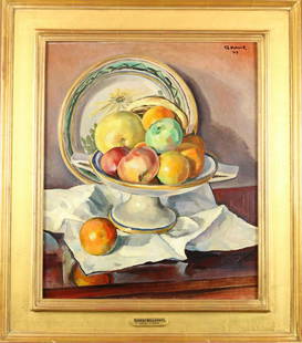 Robert Hallowell (1886-1939) American, Oil on B: "Still life of Fruit", Oil on board painting by Robert Hallowell. It is signed in the upper right and dated '29. Provenance: Purchased from a Connecticut dealer. There is a gallery label verso from th