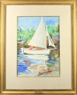 Robert Hallowell (1886-1939) American, Watercolor: Watercolor by Robert Hallowell. It is signed in the lower left. It is titled "The White Sail" Provenance: Purchased from the Marbella Gallery and label verso. Hallowell was active in NY and Colorado,