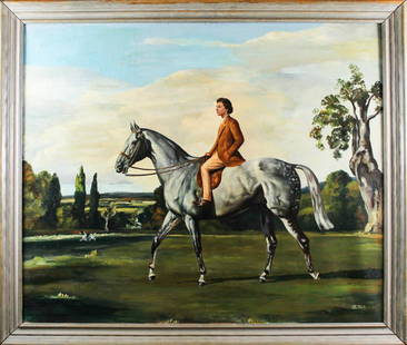 James Nelson Slick (1901-1979) American, O/C: A woman riding in a landscape accompanied by her dog. Oil on canvas, signed lower right. Equestrian scene in the manner of Sir Alfred Munnings. James Nelson Slick was active in California and known fo